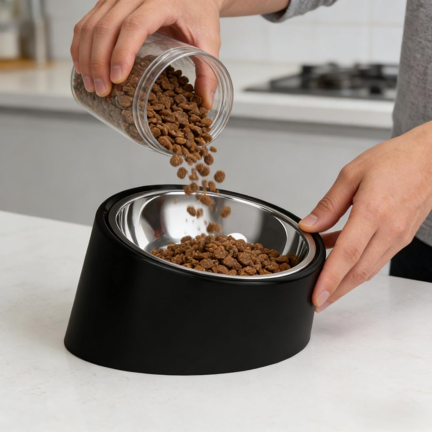15° Tilted Elevated Dog Bowl, Non-Slip No-Spill Stainless Steel Pet Feeder, Detachable 2-in-1 Food & Water Dish for Medium Dogs (Like French Bulldog) and Cats, Anti-Choke, Black (Size M)