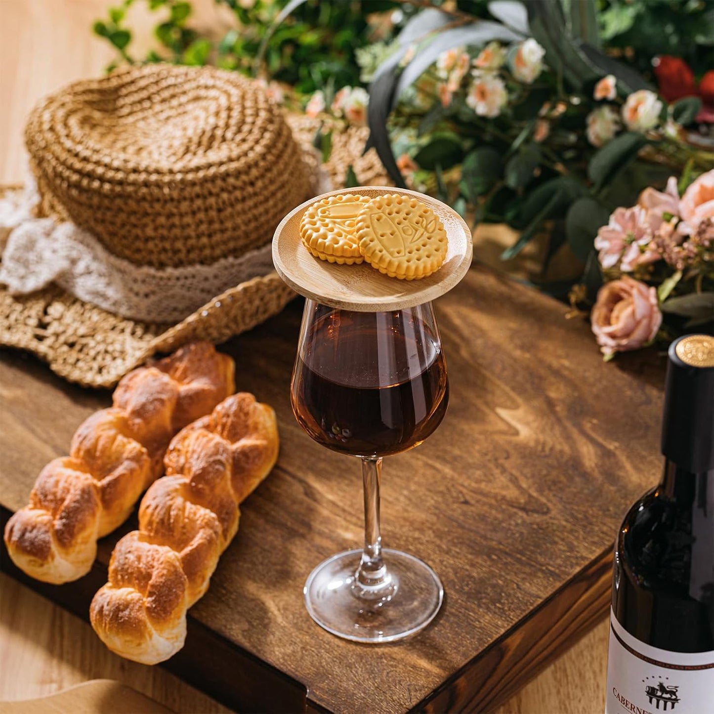 Tessco 4 Pcs 4" Wine Glass Charcuterie Topper Bamboo Round Wine Glass Charcuterie Board Dual Use Cups Topper Appetizer Plates for Christmas Party Family Gatherings Bars Restaurants
