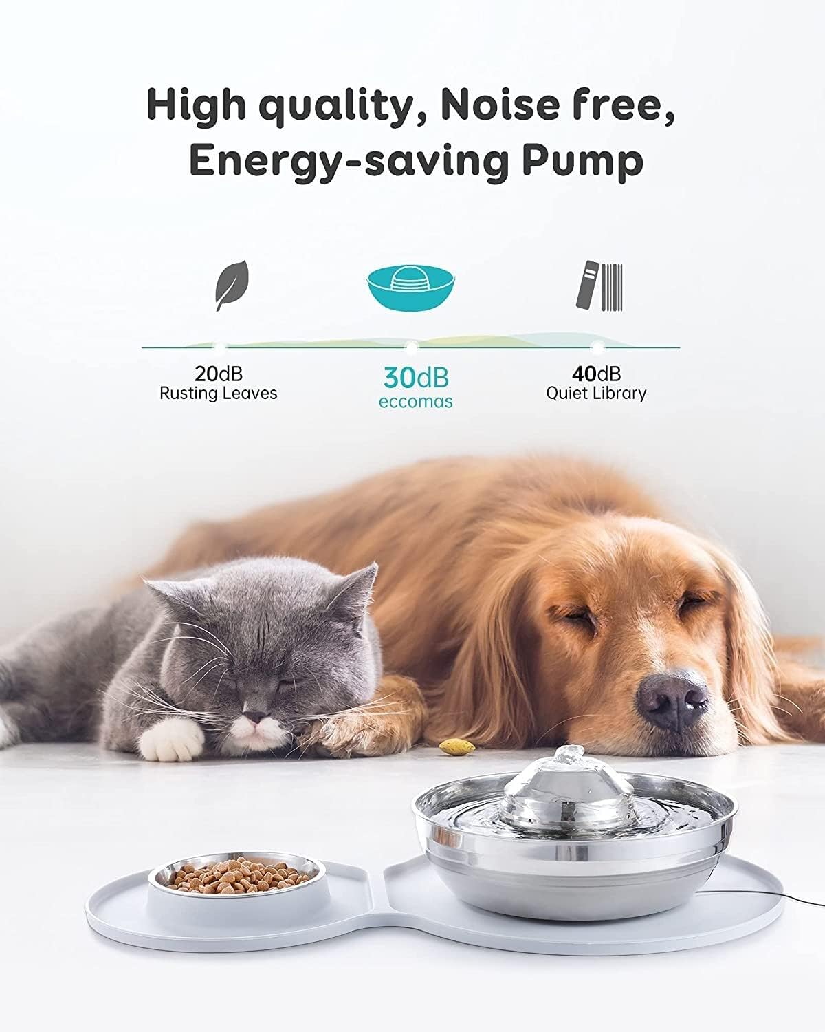 Fountain Stainless Steel Water Fountain Dog Bowl 2in1 Set, 2L/67oz Pet Water Fountain 248ml Food Bowl,Feeding Watering Supplies with 3 Filters Mat for Cats Dogs Pet Water Dispenser
