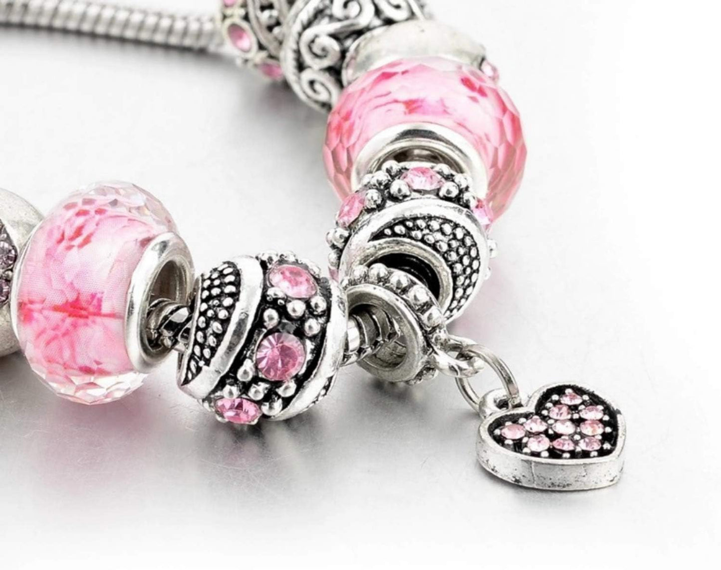 Capital Charms Pink Hearts Silver Plated Charm Bracelet Set, Jewelry Gifts with Beads, Charms, and Adjustable Snake Chain, Fits 7.5"+1.5"