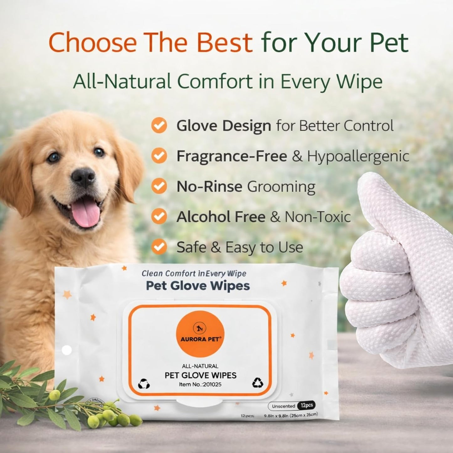 Aurora Pet Glove Wipes for Dogs & Cats, Wearable No-Rinse Grooming Glove Wipes for Paws, Face, Ears & Body, Hypoallergenic Disposable Pet Cleaning Wipes, Unscented, 24 Count