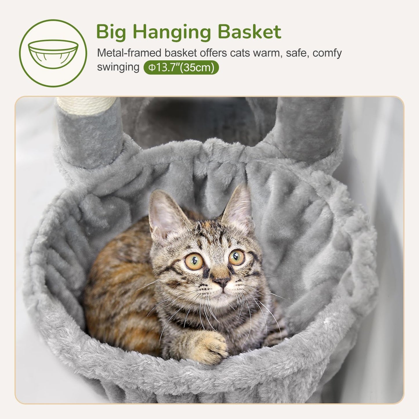 Globlazer Cat Tree Tower with 2 Cat Condos for Multiple Indoor Cats, 52in Multi-Level Plush Cat Condo Tower with 5 Sisal Scratching Posts, 2 Padded Perches, Big Basket, Widened Base, S52, Light Grey