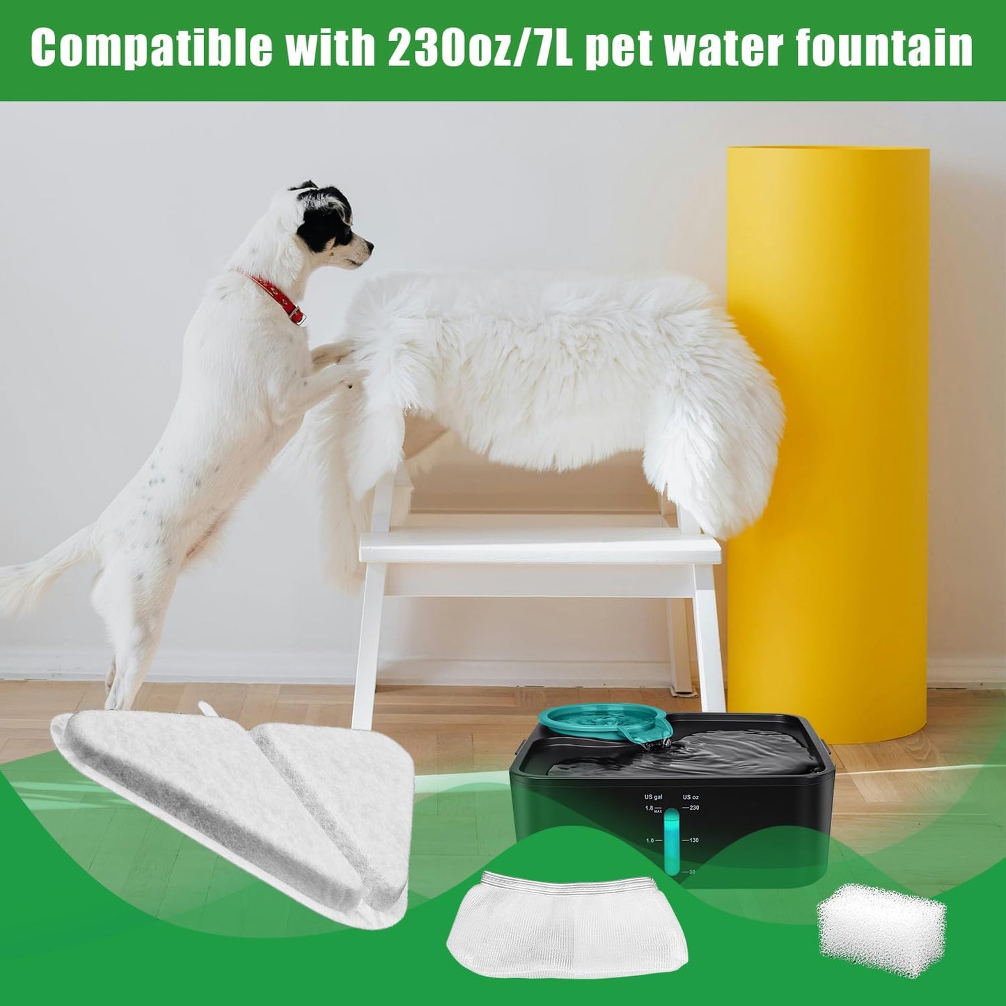 6 Packs Replacement Filters for Kastty Dog Water Fountain 230oz/7L, Pet Fountain Filters, Cat Water Fountain Filters with 5 Layers Filtration System, Including Filter, Sponges, Mesh Bags