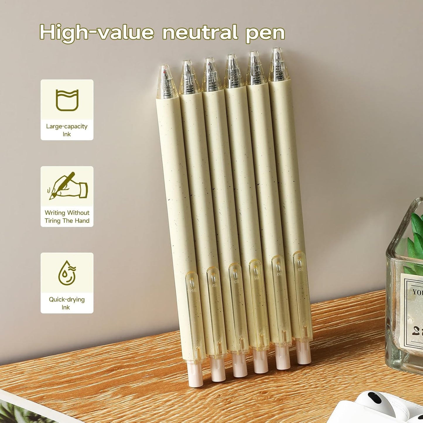 RIANCY Beige Cream Gel Pens 12PCS Value Pack, Cute Aesthetic Neutral Black Ink Retractable Pens, 0.5mm Fine Point Quick Dry Smooth Writing for College School Supplies, Note Taking & Office Essentials