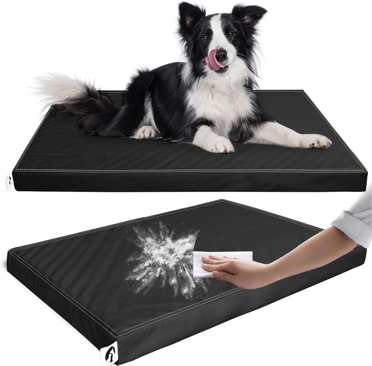 Waterproof Dog Bed Hair-Resistant, Removable Vegan Leather Cover, Pee Proof Black Vinyl Pad, Easy to Clean Pet Pad