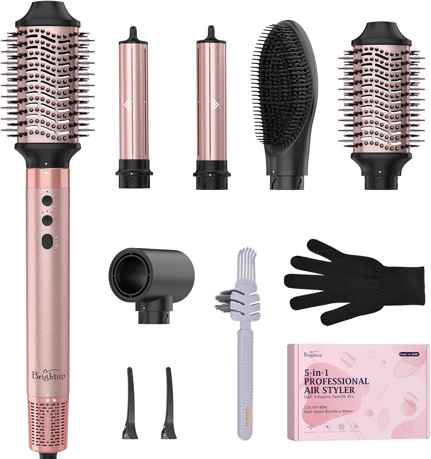 Brightup 5 in 1 Air Styler, 1400W High Speed Hair Dryer Brush, Professional Automatic Hair Curler with Cool Shot Button, 800 Million Ionic, No Heat Damage, with Travel Bag