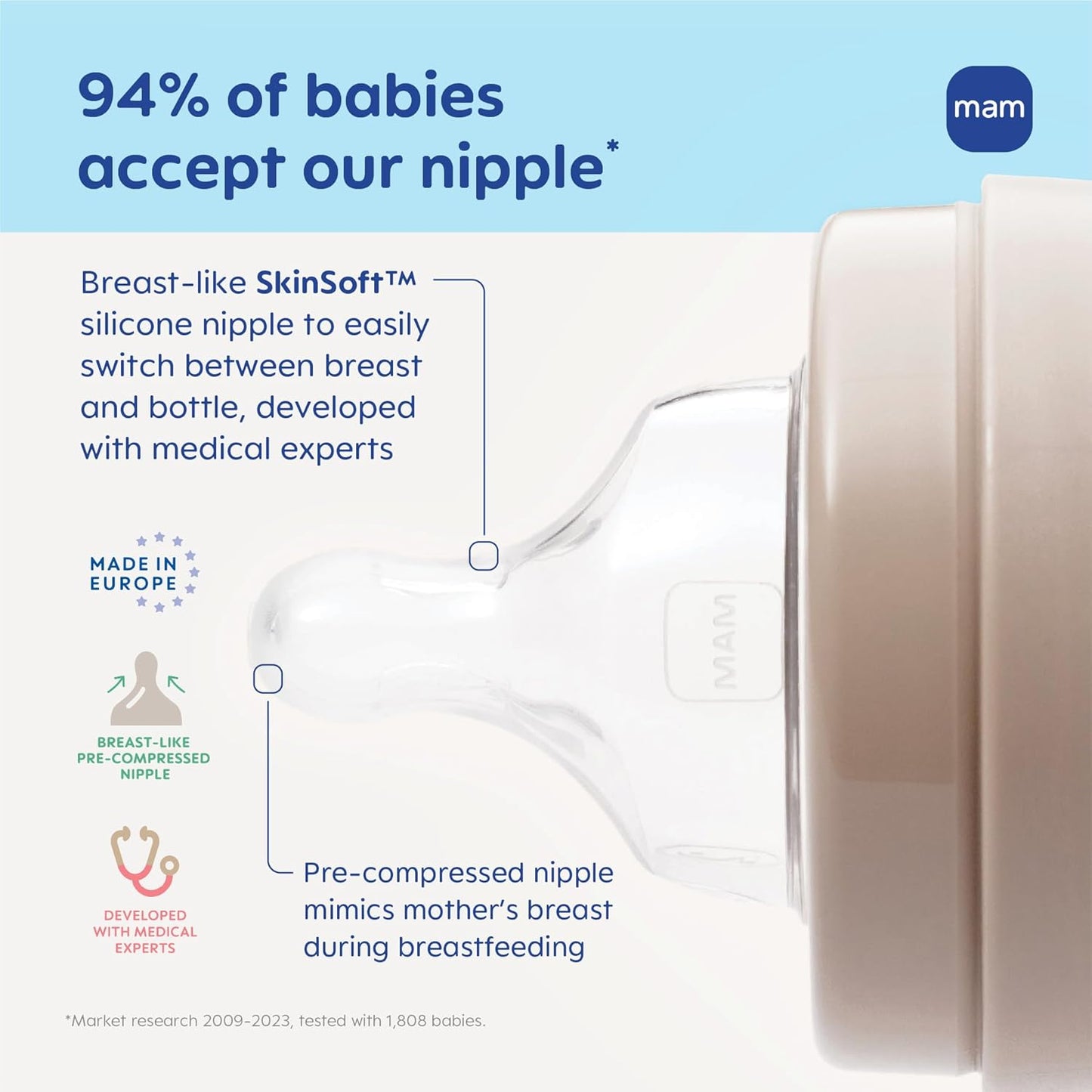 MAM 6oz Premium Glass Wide Neck Baby Bottle with Slow Flow Breastfeeding-Like Silicone Nipple, Easy to Clean,BPA Free, 0+ Months, Easy Switch Between Breast and Bottle, Made in Europe, 3 Pack Girl