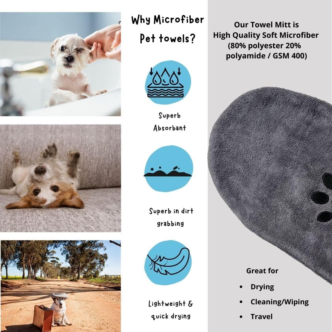 Penny & Niko Microfiber Pet Towel Mitts - Paw Cleaning and Drying Mitts/Gloves for Dogs and Cats (Gray, Standard - 4 Pack)