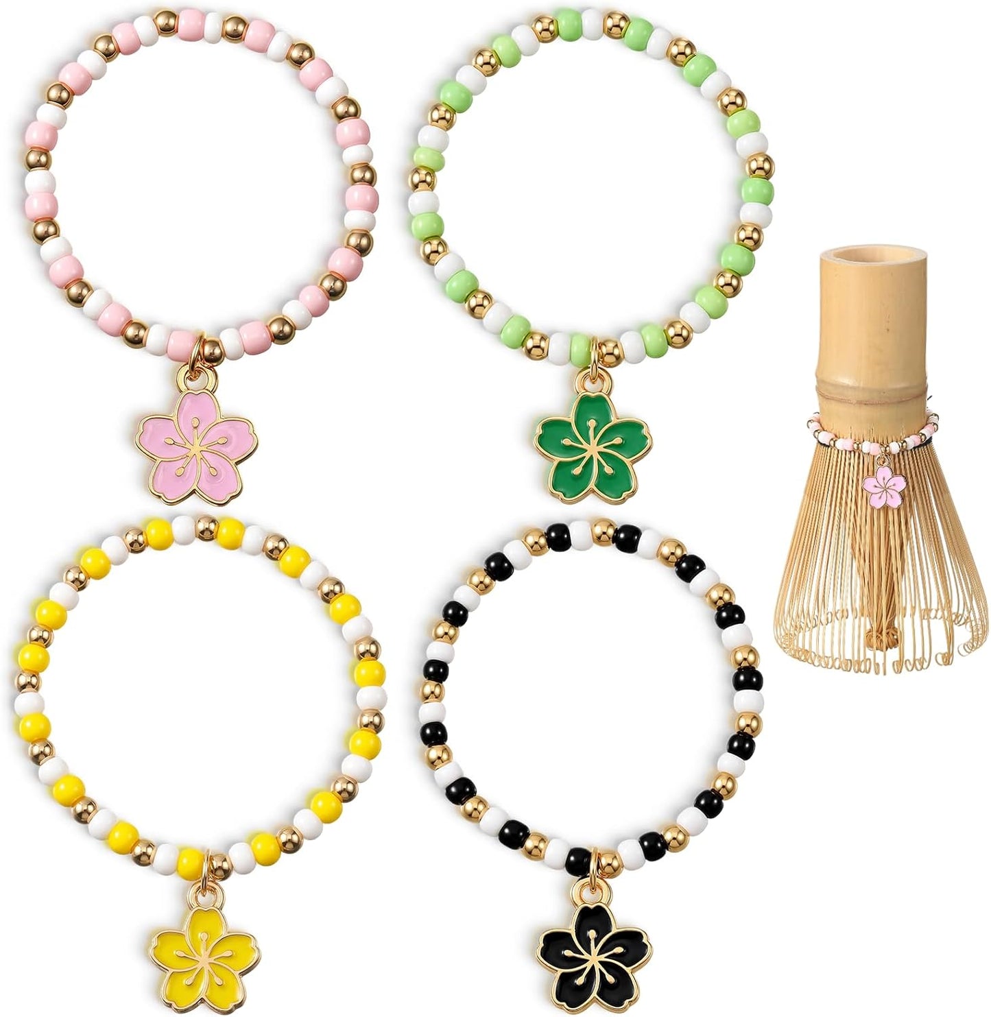 Cunno 4 Pcs Matcha Chasen Charm Decorative Chain Set with Cherry Blossom Charm Elastic Rope for Bamboo Matcha Whisk Tea Accessories Tea Party Decor Birthday Gift