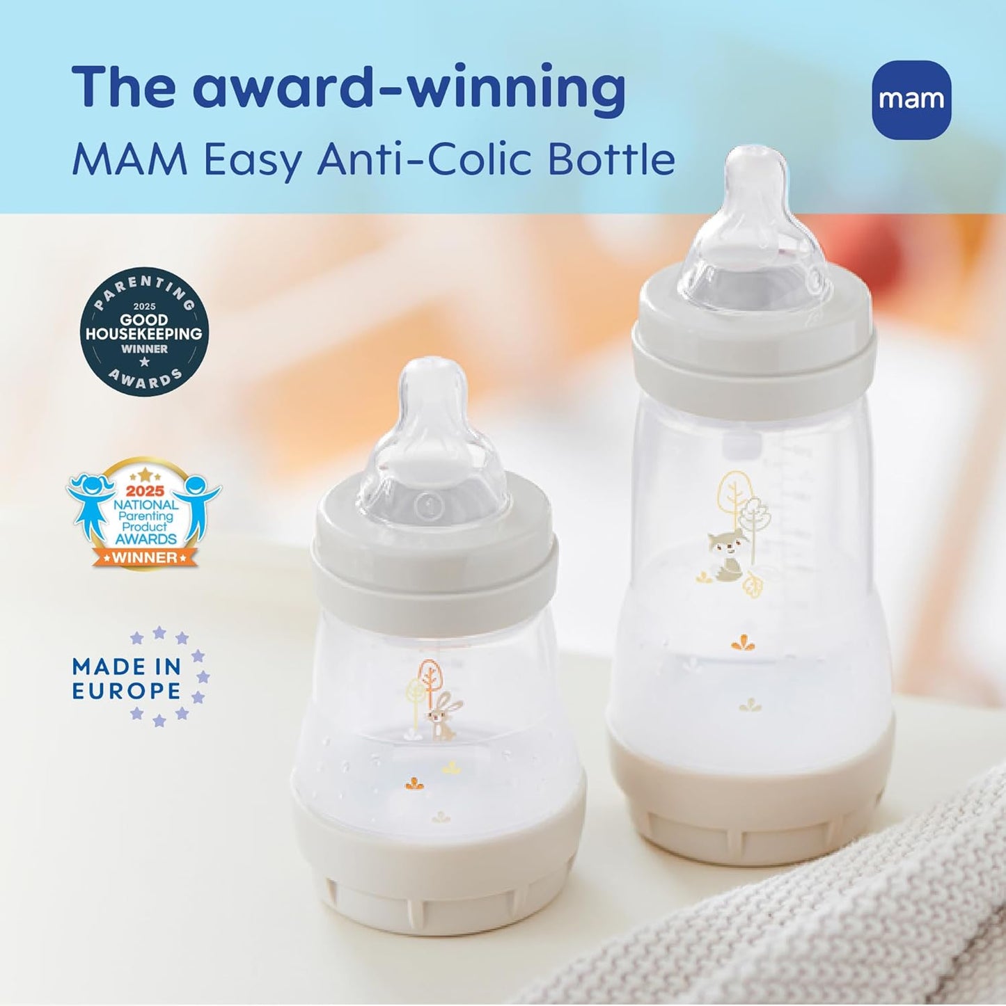 MAM 9oz Easy Start Anti-Colic Wide Neck Baby Bottle, Medium Flow Breastfeeding-Like Nipple, Reduces Colic Gas & Reflux, Easy to Clean, BPA Free, 2+ Months, Bonus Fast Flow Nipple, 4 Pack