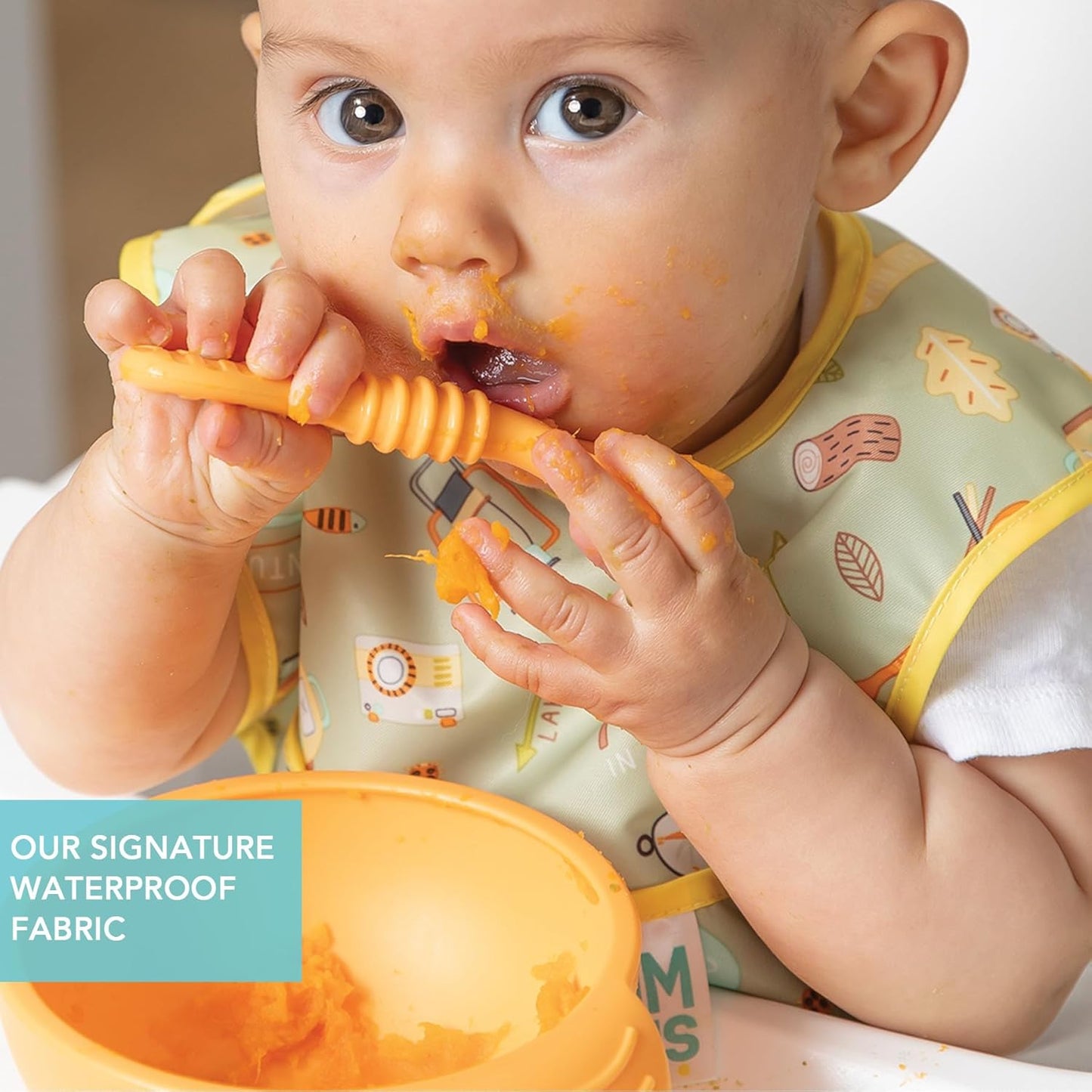 Bumkins Bibs, for Baby Girl or Boy, Infant 3-9 Months, Essential Must Have for Eating, Feeding, Baby Led Weaning Supplies, Mess Saving Waterproof Soft Fabric, Starter Bib 2-pk Camp Gear Green