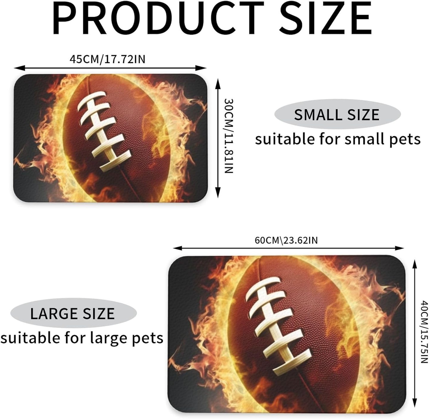 Flaming American Football Pet Feeding Mat 40x60cm Absorbent Leather Dog Cat Food Mats Non-Slip Dog Bowl Mats for Food and Water, Quick Dry Pets Placemats for Cats and Dogs Water Bowl