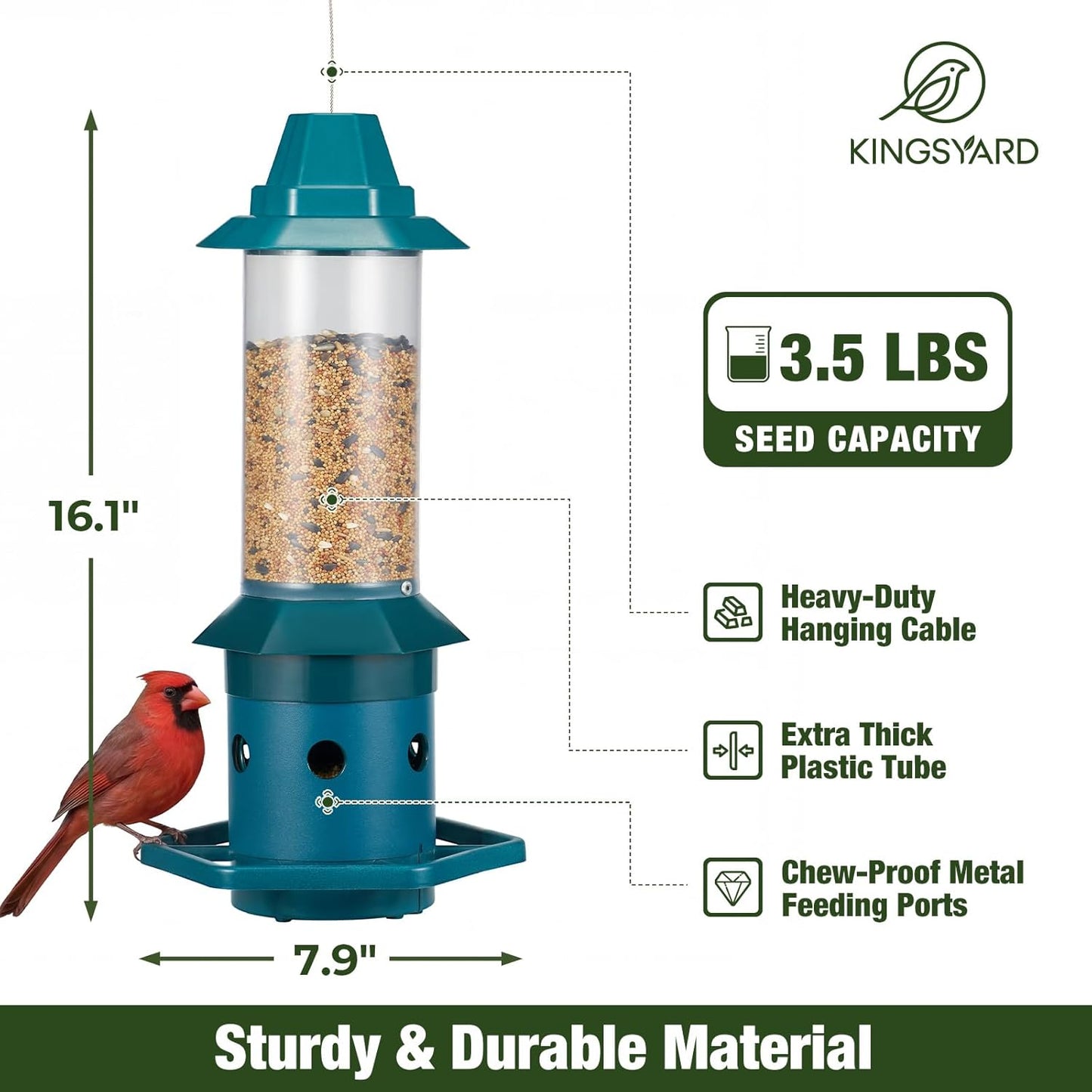 Kingsyard Squirrel-Proof Bird Feeder with Adjustable Weight-Activated Perch, Wild Bird Feeders for Outdoors Hanging, Weatherproof & 4 lb Large Seed Capacity, Dark Green