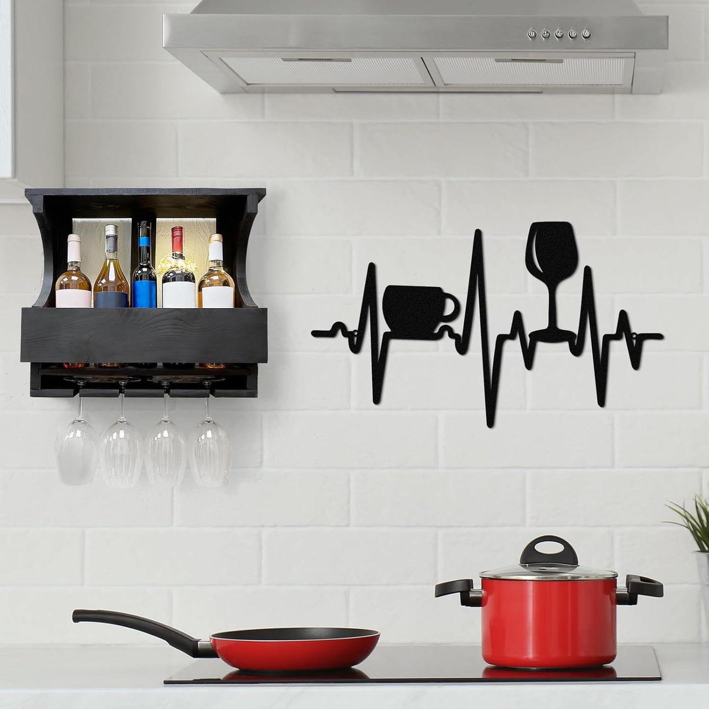 Blulu Heartbeat Coffee and Wine Bar Sign 15.75 x 9.04 Inch Rustic Black Metal Wine Art Wall Decor Wall Hanging for Farmhouse Kitchen Home Bar Cafe Decor