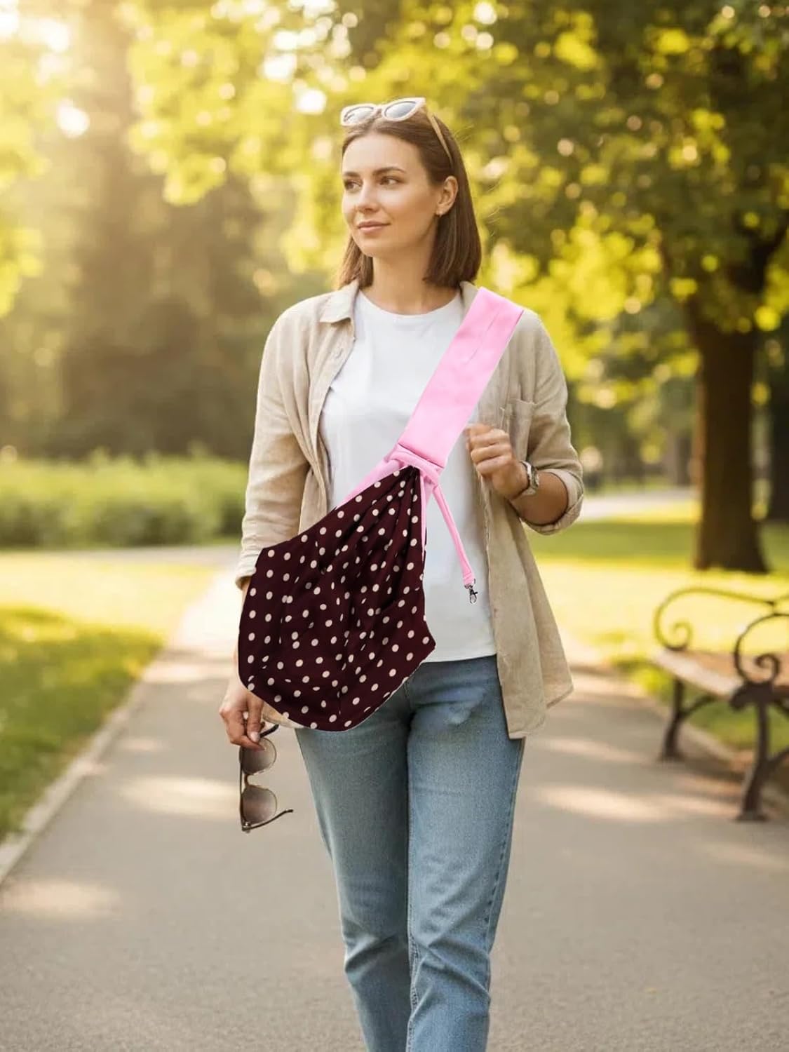 Pet Sling Carrier, Reversible Pink and Polka Dot Design, Single Shoulder Crossbody Bag with Safety Leash, for Pets Up to 16.53 lb (Pink)