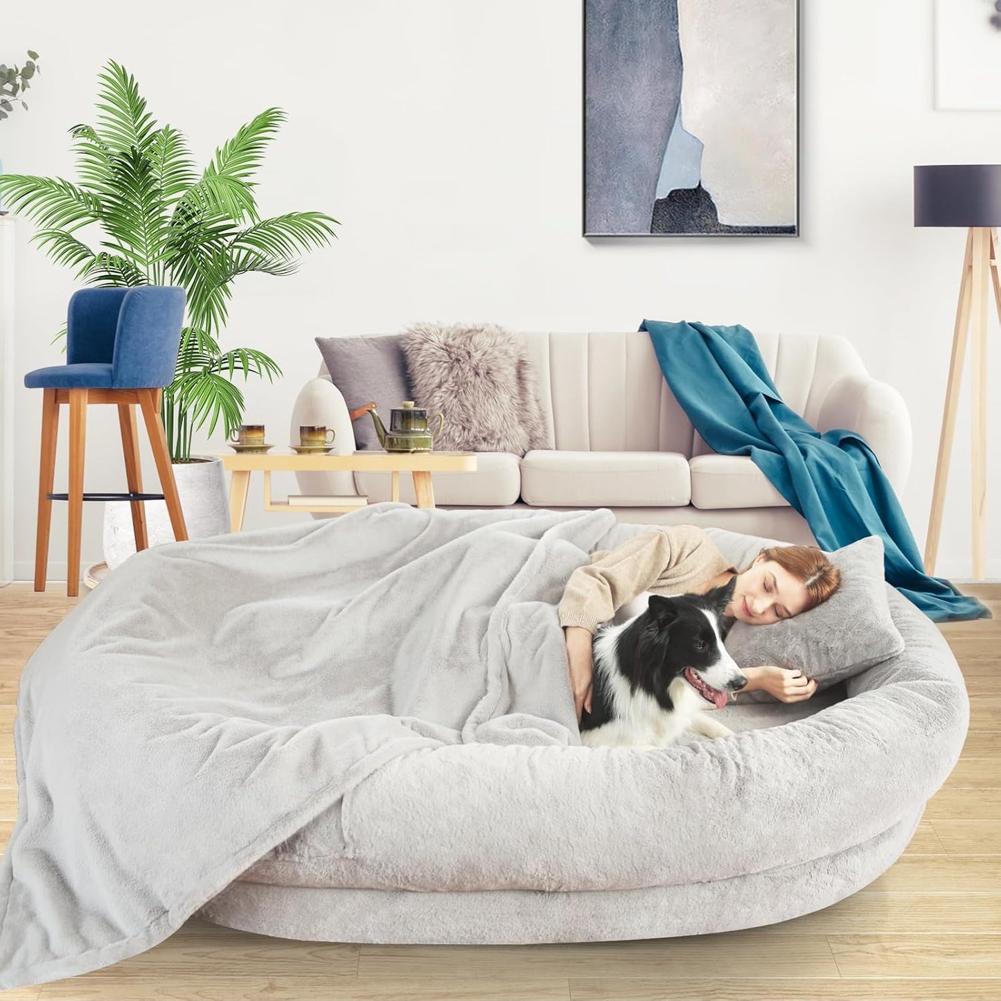 Human Dog Bed for Adults, 71"x51"x12" Washable Orthopedic Size, Faux Fur Removable, Cozy Large Present with Blanket and Pillow, Grey