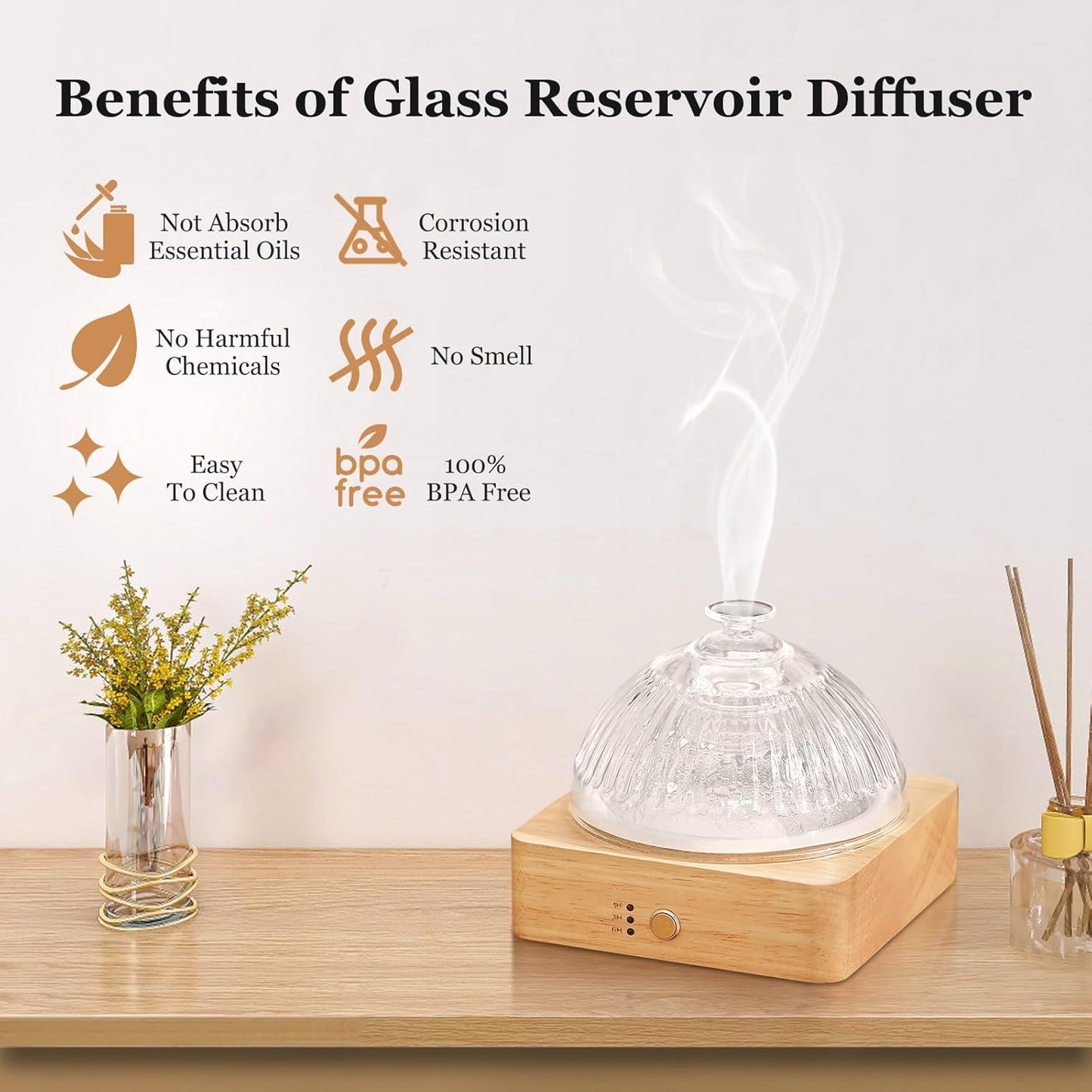 Glass Essential Oil Diffuser with Glass Reservoir & WoodBase, 200ml Ultrasonic Lock Color Timer Auto-Off 7 Color Light Aroma Glass Dome Diffuser for Home Office Bedroom Yoga