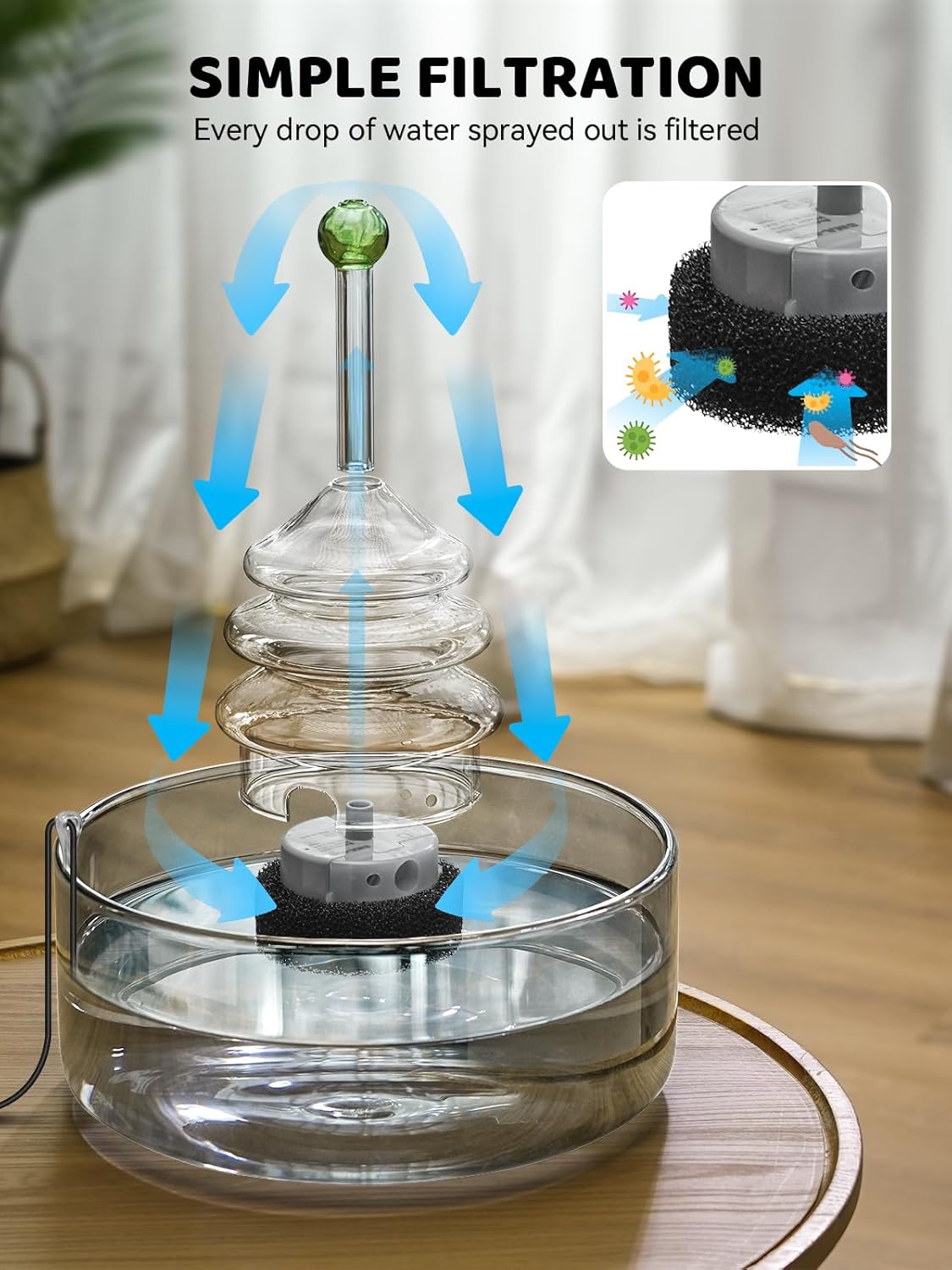 All-Glass Cat Water Fountain, 3.2L/108oz Glass Pet Fountain with LED Light, Automatic Water Dispenser for Cats (Grey)