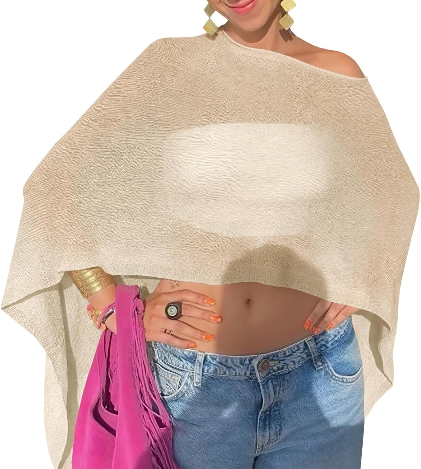 Fisoew Womens Sheer Poncho Top Lightweight Knit Bolero Shrug Mesh Off The Shoulder Y2K Going Out Beach Swimsuit Coverup