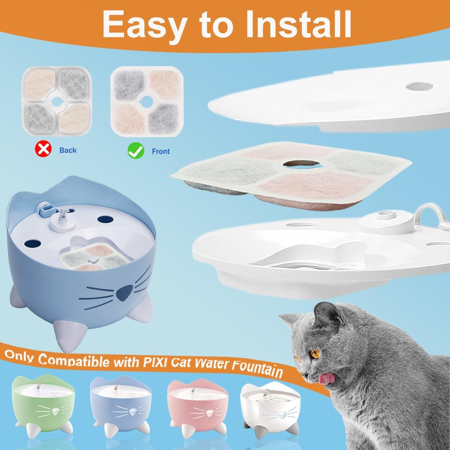 PIXI Cat Water Fountain Filters, Compatible with PIXI Pet Fountain, Pixi Cat Drinking Fountain Filter, Replacement Triple Action Pet Water Filter, 10-Pack, White