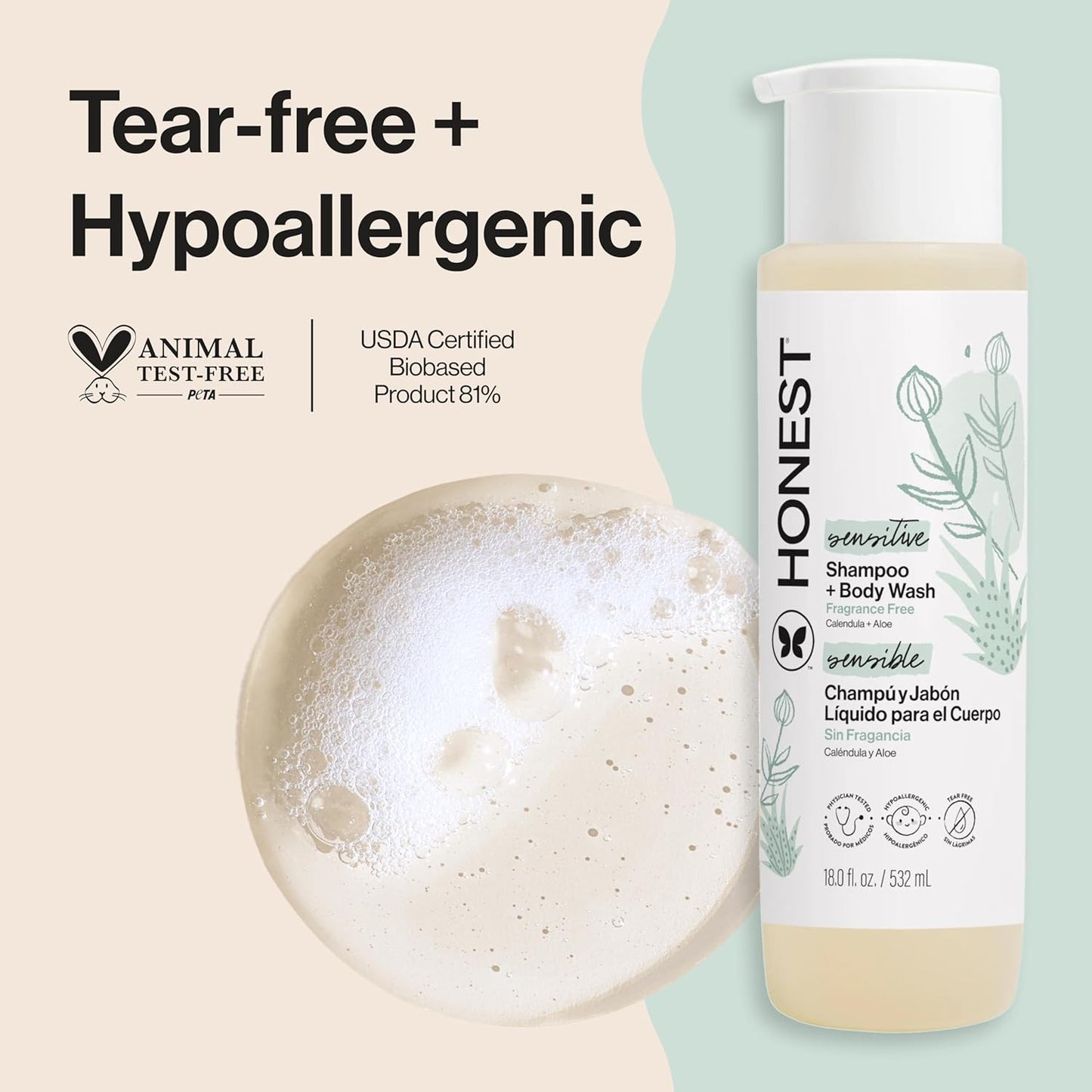 The Honest Company 2-in-1 Baby Shampoo & Body Wash, Fragrance-Free, Gentle, Tear-Free, Hypoallergenic, Naturally Derived, Sensitive Skin, 18 fl oz