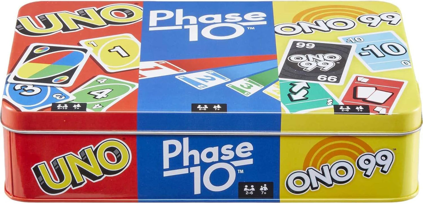 Mattel Games Set of 3 Card Games with UNO, Phase 10 & ONO 99, Travel Fun for Kids & Family Night with Storage Tin Box (Amazon Exclusive)