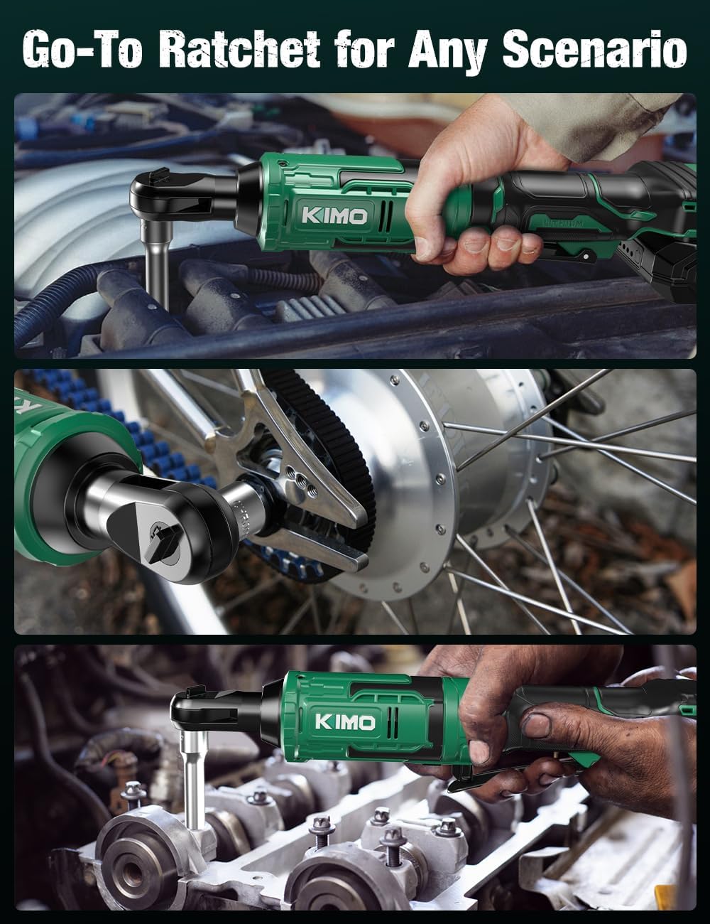 KIMO 20V Cordless Ratchet Wrench 3/8, 89Ft-lbs 400RPM Electric Ratchet Wrench Set w/Variable Speed, 2x2.0Ah Battery Power Ratchet Wrenches, 7Sockets, 3/8"to1/4" Adapter, 3"Extension Bar, Fast Charger