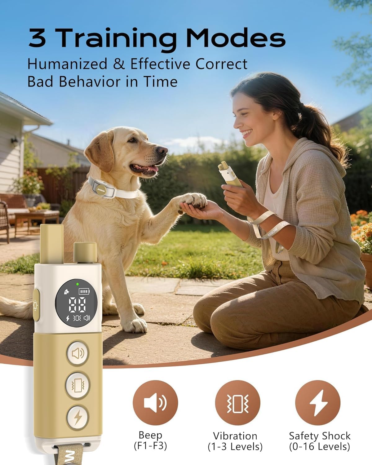 Jugbow Shock Collar for Dogs - 4200FT Remote Training Collar for 15-120lbs Small Medium Large Dog, LED Light & Waterproof Electric Collars with 3 Training Mode for All Breeds (Beige)