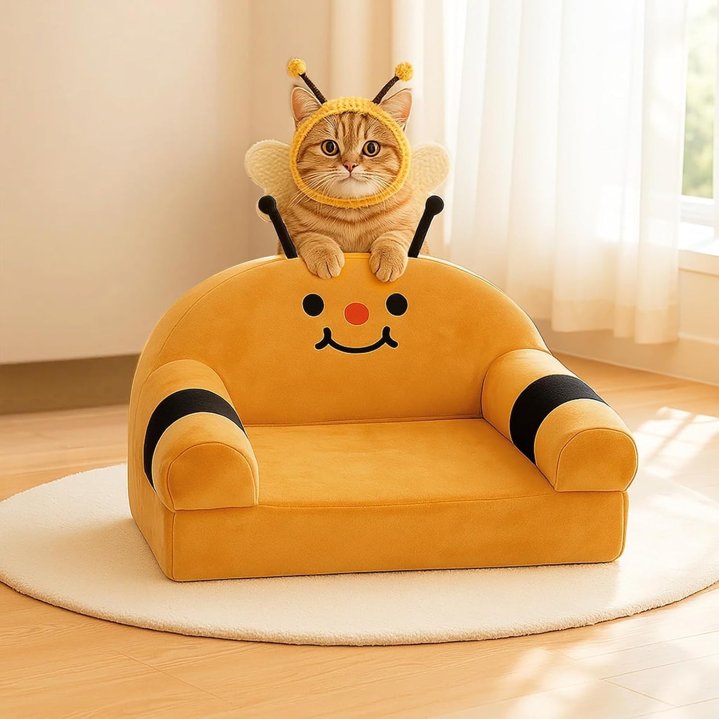Cute Cat Couch with Soft Pillow, Supportive Dog Couch, Cat Sofa with Removable Cover，Cute Bee Shaped, 24 Inch