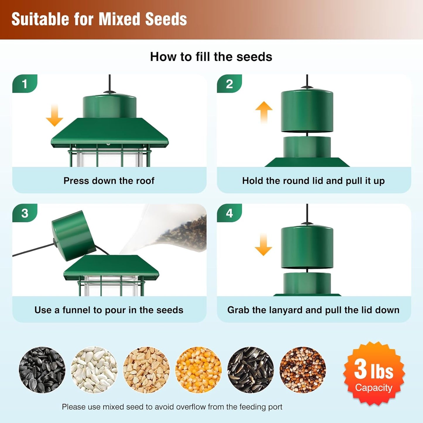 Squirrel Proof Bird Feeder, Metal Bird Feeders for Outdoors Hanging, Weight Activated, 3Lb Capacity, 4 Ports, All-Weather Tube Bird Feeder for Outside, Cardinal Finch Bluebird Wild Bird Feeder