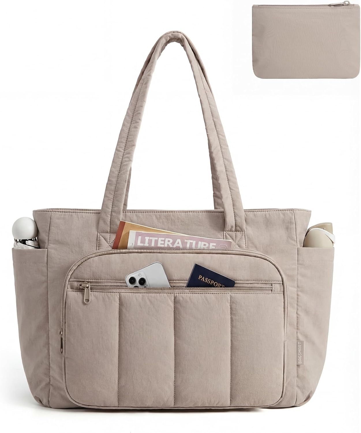 BAGSMART Tote Bag for Women, 2 Set Puffer Tote Bag with Zipper, Quilted Nurse Handbags for Work Travel College | 20L Capacity, 15.6'' Laptop Bag, with Cosmetic Bag, Carry on Bag, Nurse Gym Bag