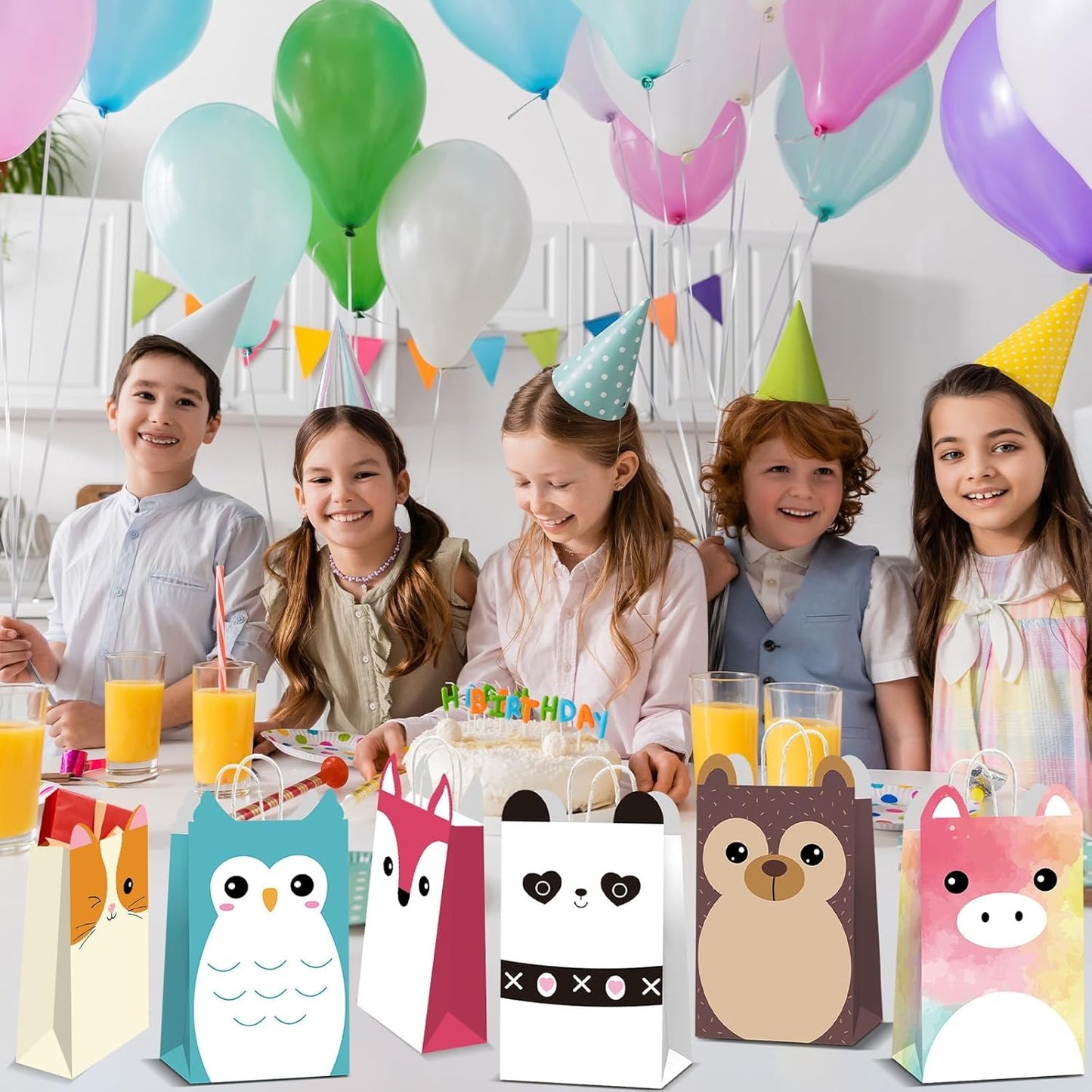12 PCS Cute Animals Theme Party Favor Bags with Handles Squish Kawaii Animal Birthday Gift Bags Goodie Paper Bag Squish Animals Party Favors for Kids Birthday Parties Supplies Baby Shower Decorations