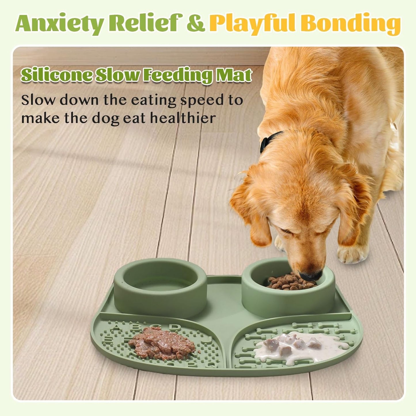 Silicone Slow Feeder Dog Bowls & Cat Bowls, 2 Cups Small Pet Food Bowl with Non-Slip Suction Base, Food-Grade Safe Puzzle Feeder for Small & Medium Dogs & Indoor Cats (Bowl & Lick Mat (Green))