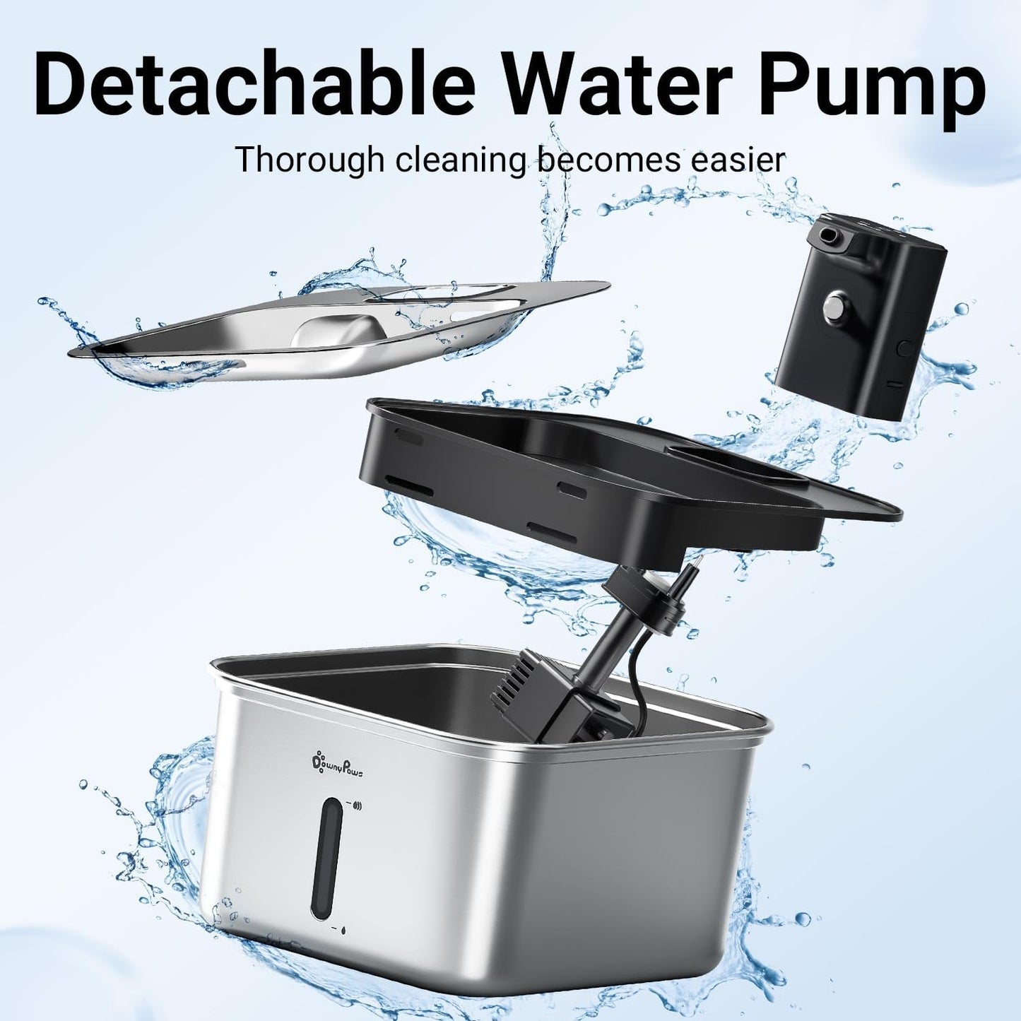 DownyPaws Replacement Water Pump Black for Cat Water Fountain Stainless Steel DPWFP6SS