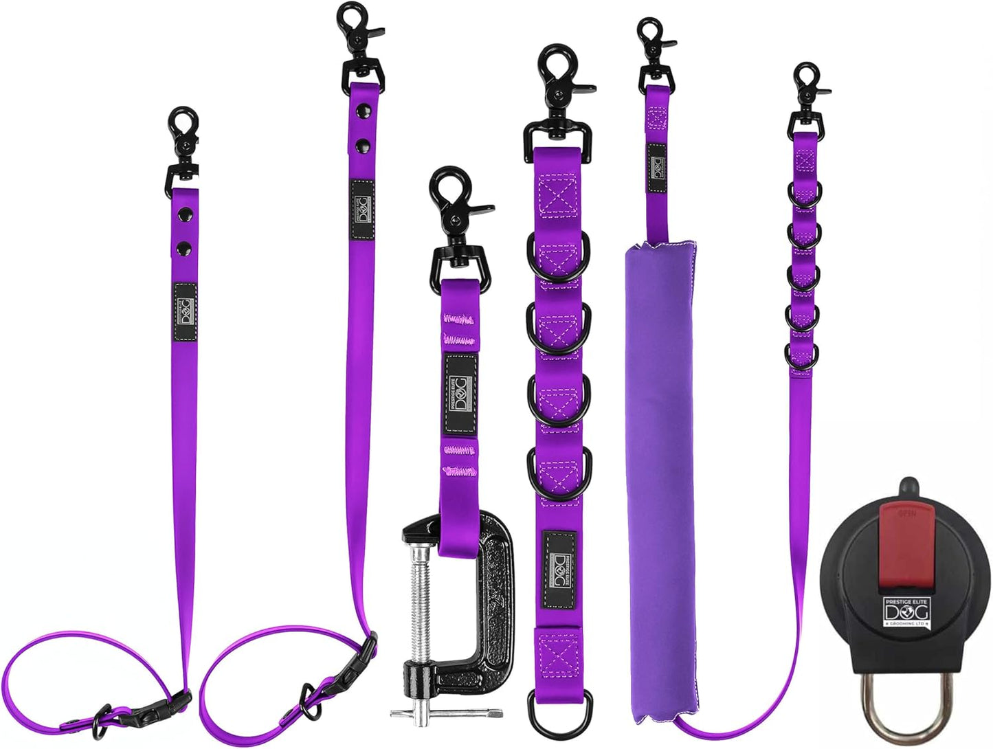 Prestige Elite - Set of 6 - Groomers Helper, Grooming Loops for Dogs Groomers - Adjustable Biothane Dog Grooming Belly Band, Grooming Noose, Extension Strap, Suction Cup & Dog Grooming Loop