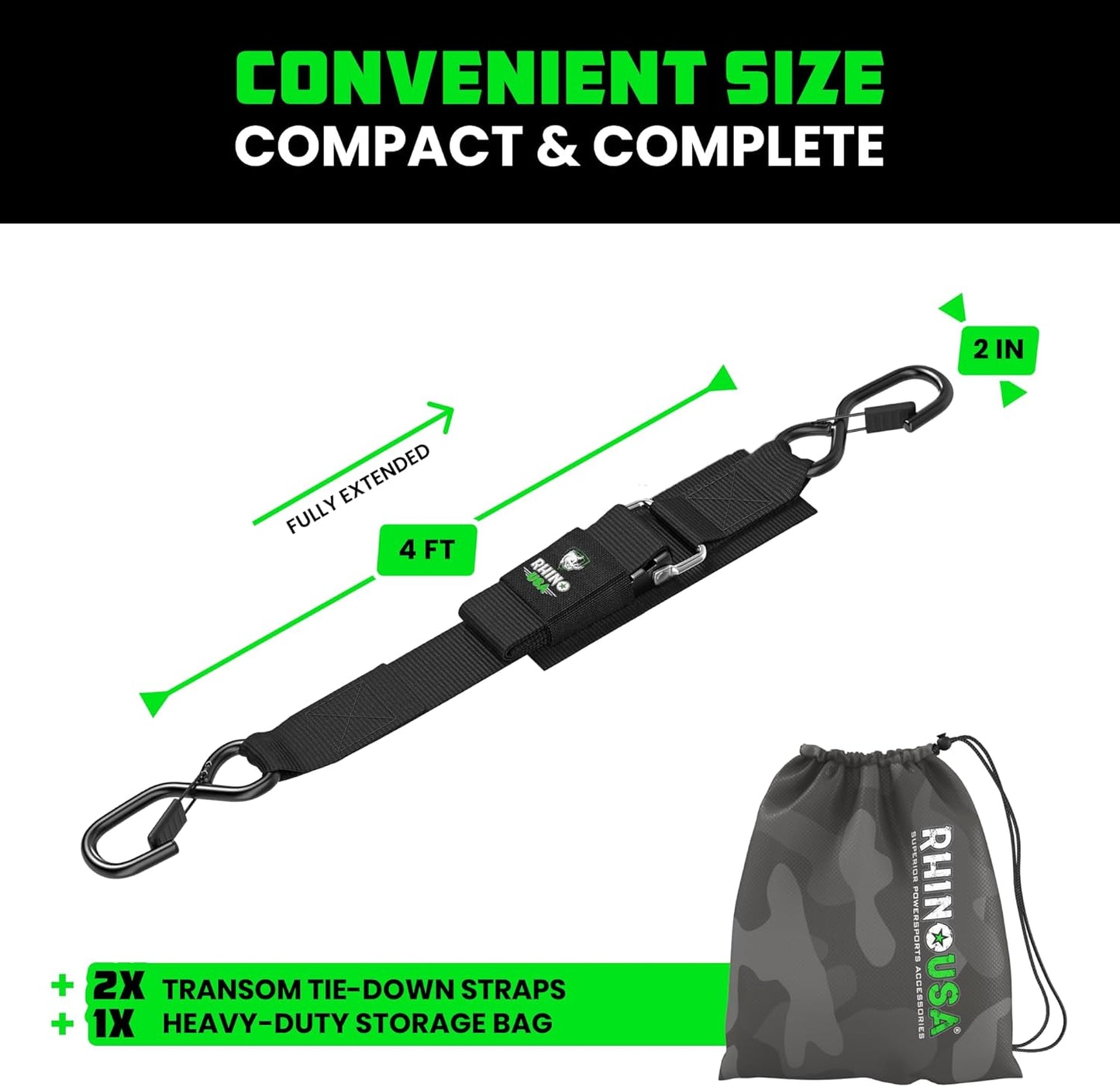 Rhino USA Boat Trailer Straps (2-Pack) - Heavy Duty 2 Inch x 48 Inch Boat Tie Down Straps to Trailer - Ultimate Adjustable Transom Tie Down Straps for Trailering Safety with Boat, Jet Ski, & More!