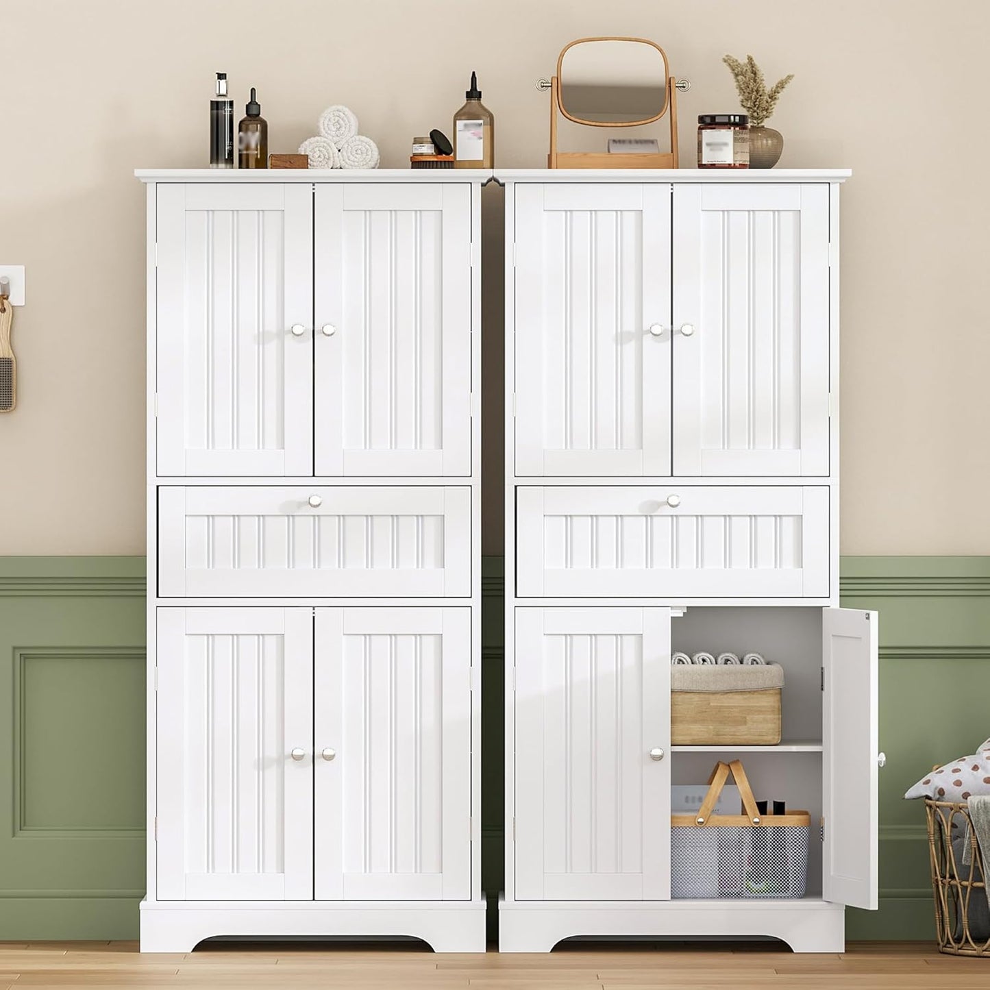 ChooChoo 51" H Tall Bathroom Floor Cabinet, Modern Bathroom Storage Cabinet with Drawer and Adjustable Shelves, Freestanding Kitchen Pantry Cupboard with 4 Doors for Living Room, White