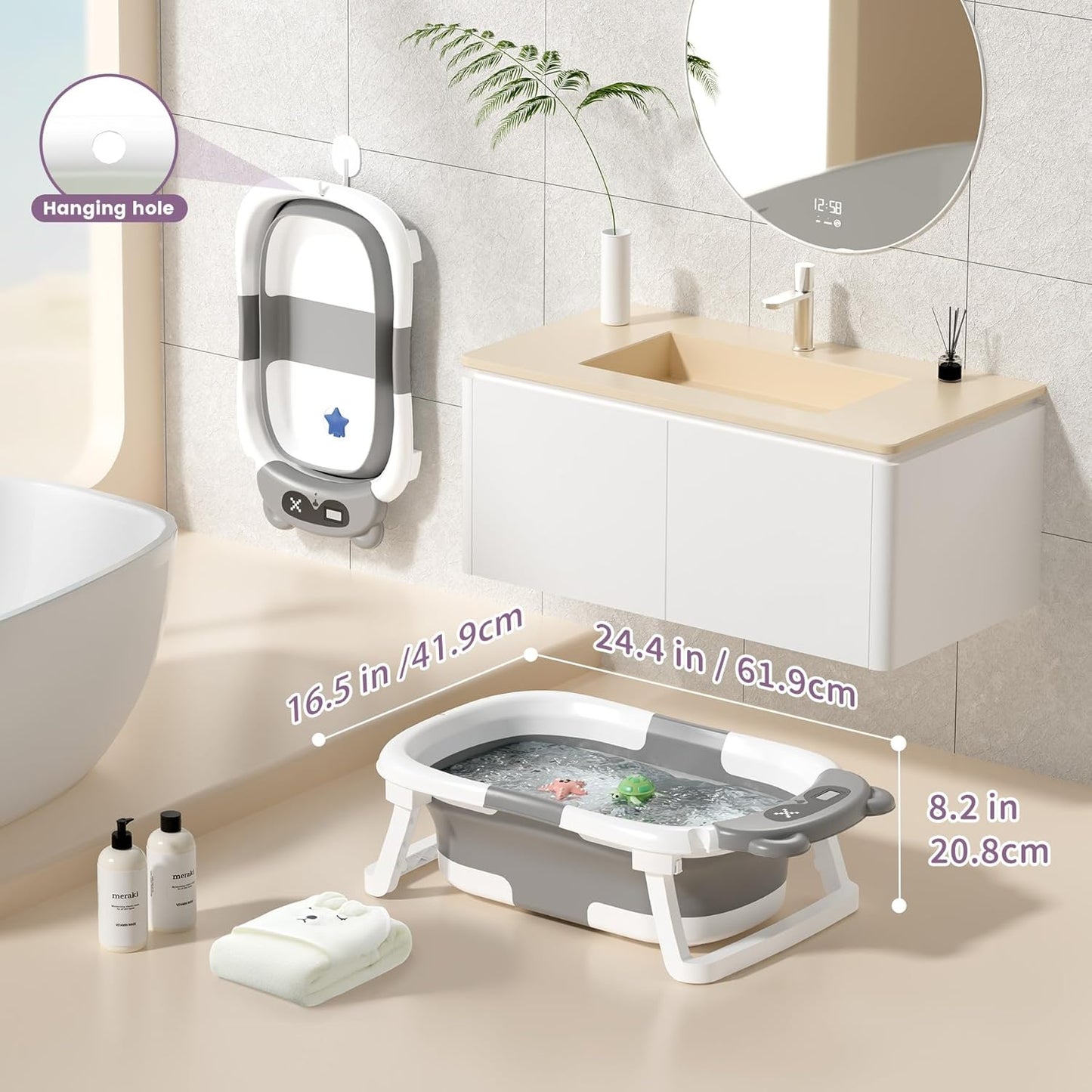 Collapsible Baby Bathtub for Newborn to Toddler (0-18 Months) - Foldable Baby Bath Tub with Soft Towel, Newborn& Infant Bathtub for Travel and Outdoor, Grey