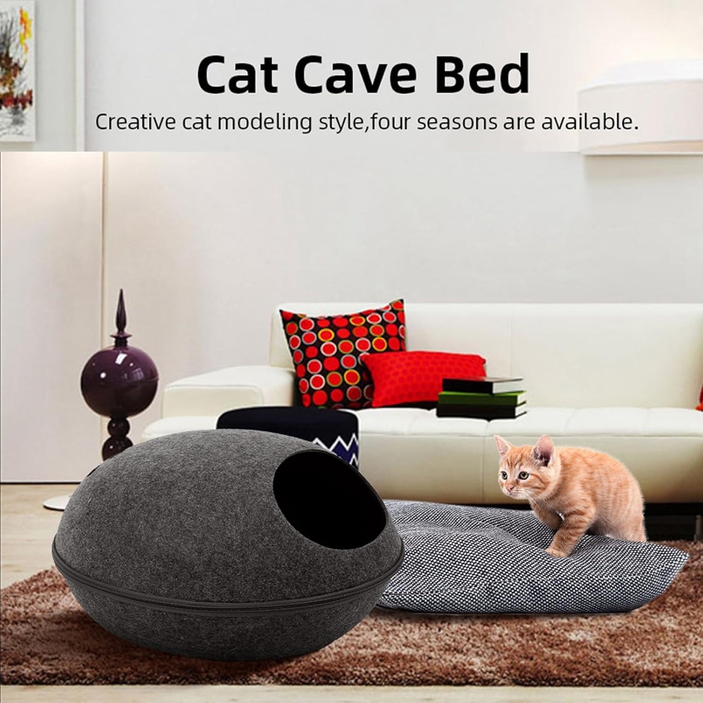 Felt Cat Cave Bed with Removable Cover, Cozy Pet Shelter for Indoor Cats, Zippered Washable Cat House with Roomy Interior, Warm Kitty Hideaway (Grey)