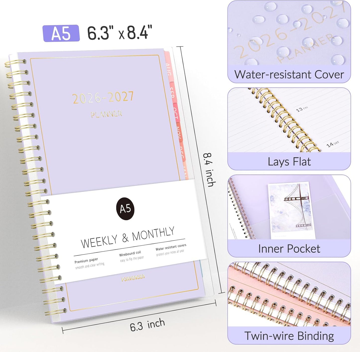 Aug 2026 - Dec 2027 Planner, Forvencer 17 Month Academic Planner 2026-2027, 6.3" x 8.4", Calendar Planner Weekly and Monthly, Daily Agenda Book, College School Supplie for Student Teacher, A5, Purple