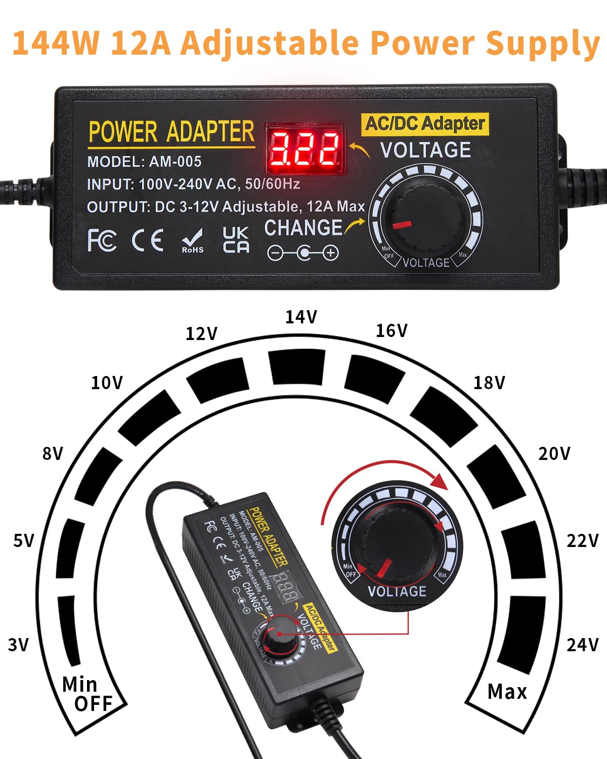 3~12V 12A 144W Adjustable Universal Power Supply Adapter, 3V 4V 5V 6V 7V 8V 9V 10V 11V 12V Variable DC Power Supply with Voltage Display 100V-240V 50-60Hz AC to DC Converter for LED Strip Light Router