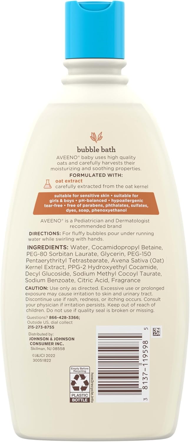 Aveeno Baby Sensitive Skin Bubble Bath with Oat Extract, Gently Cleanses and Leaves Skin Feeling Hydrated, Tear-Free Formula, Hypoallergenic, Paraben-, Phthalate-, Soap- & Dye-Free, 19.2 fl. Oz