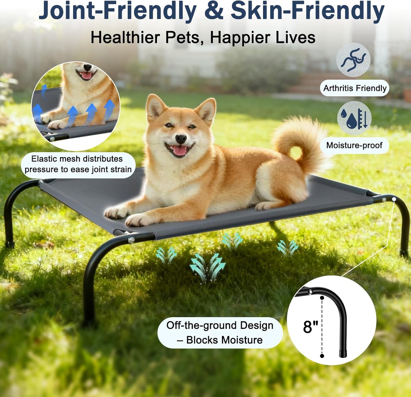 SZEE Raised Dog Cot Bed with Detachable 2-Sided Cooling/Warming Waterproof Mat, Elevated Dog Bed for Medium Sized Breeds with Durable Steel Frame & Sturdy Teslin Mesh, Outdoor & Indoor All-Season Use
