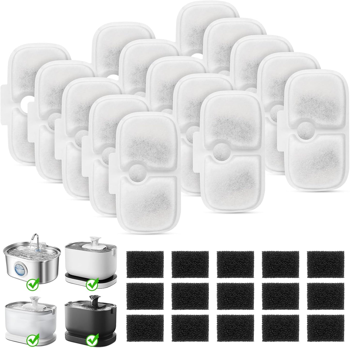 15+15 Pack Cat Water Fountain Filters, Pet Water Fountain Filters Replacement for Dog/Cat Stainless Steel Fountain PLWF005/PLWF115/PLWF105, 7 Months Set to Keep Drinking Fresh