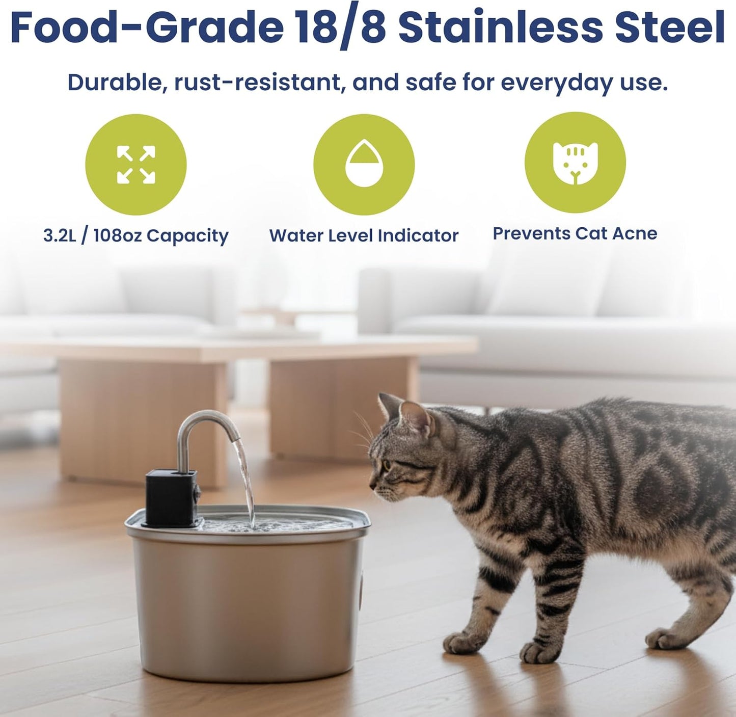 PawsPik 3.2L Cordless Stainless Steel Cat Water Fountain, Rechargeable Battery Operated Pet Water Fountain, Automatic Drinking Fountain with Filter, Motion Sensor & 3 Flow Modes for Indoor Cats & Dogs