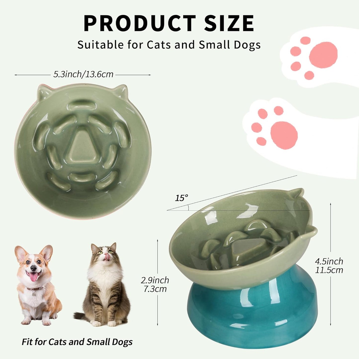 Slow Feeder Cat Bowl, Ceramic Cat Slow Feeder,Elevated Anti Vomiting Whisker Friendly Tilted Design,for Dry and Wet Food,Dishwasher Safe (Green)