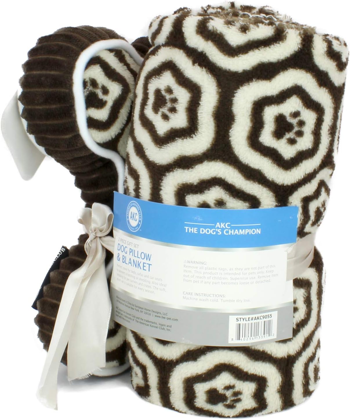 American Kennel Club 60''x50'' Pet Blanket & 10'' Pillow Set, Warm Plush Blanket for Dogs & Cats - Paw Print - Brown