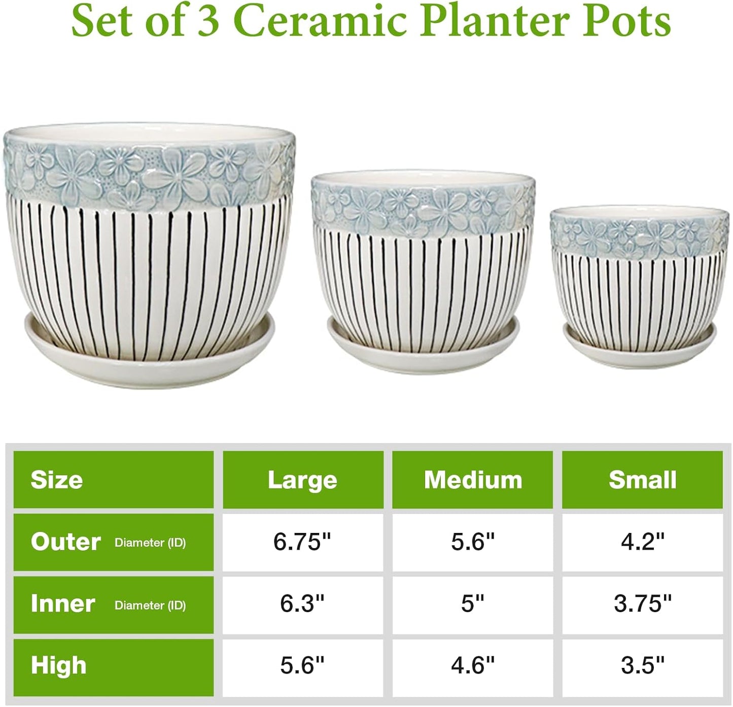 Ceramic Plant Pots Set of 3, 6.75/5.6/4.2 inch Planters with Drainage Holes and Saucer, Flower Pot Outdoor Indoor, Modern Decorative Planters for House Plants Garden Planters Succulent Pots