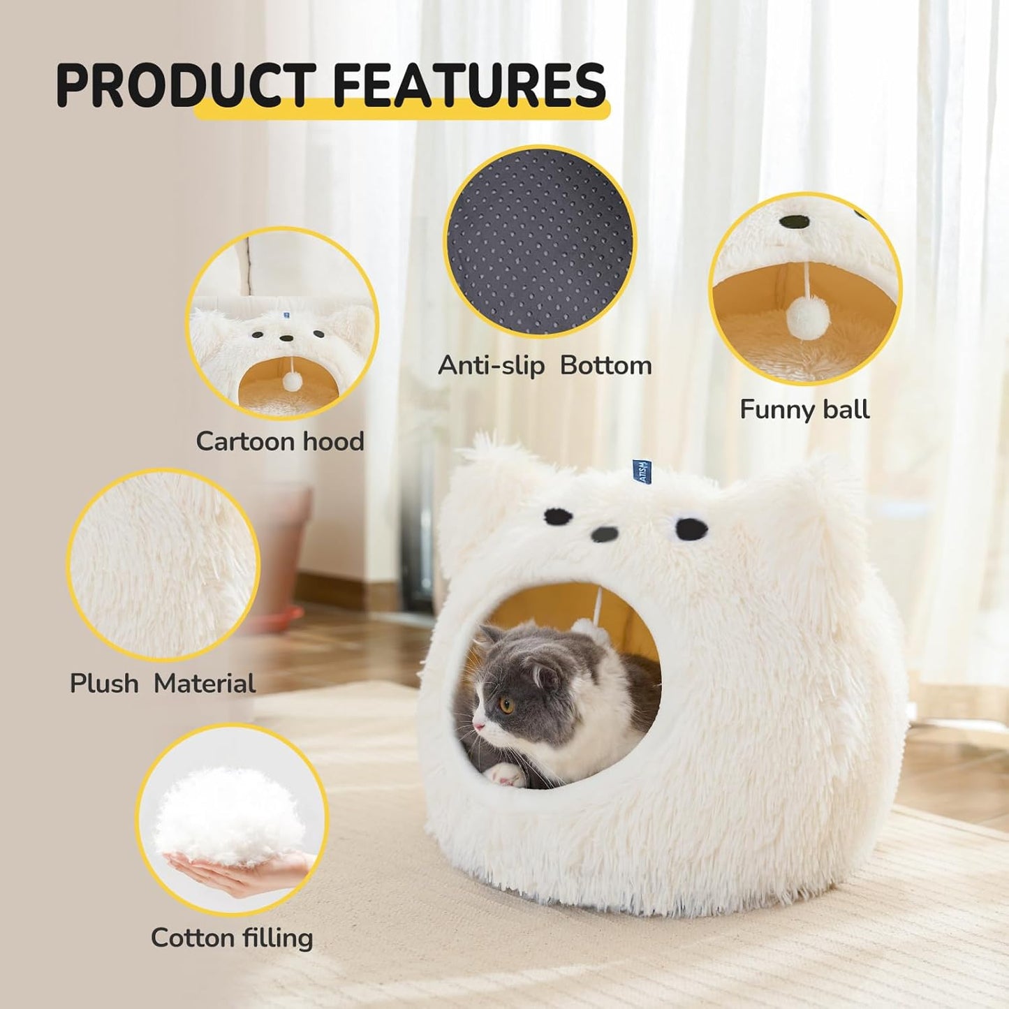 CATISM Cat Bed, Cat Beds for Indoor Cats, Cats Bed Cave for Indoor, Cozy Hooded Beds with Soft Cushion, Removable Washable