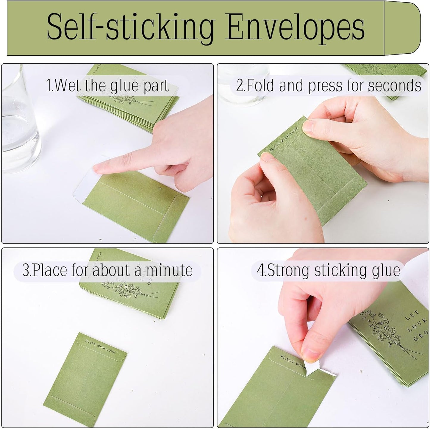 Whaline 200 Pcs Self Adhesive Wedding Favor Seed Packets Let Love Grow Green Envelope Minimalist Storage Pockets for Garden Office Gift Party Supplies, 3.5 x 2.4 Inch